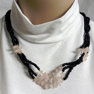 BLACK BEADS & PINK QUARTZ TWISTED 3ROW CHOKER NECK